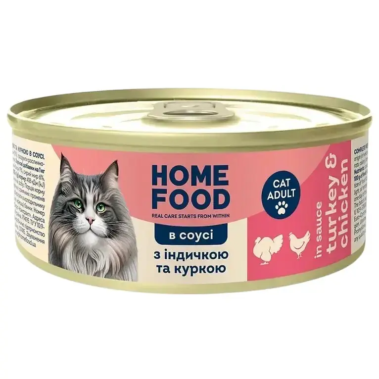 Повнораціонний консервований корм Home Food для дорослих котів з індичкою та куркою в соусі 85 г
