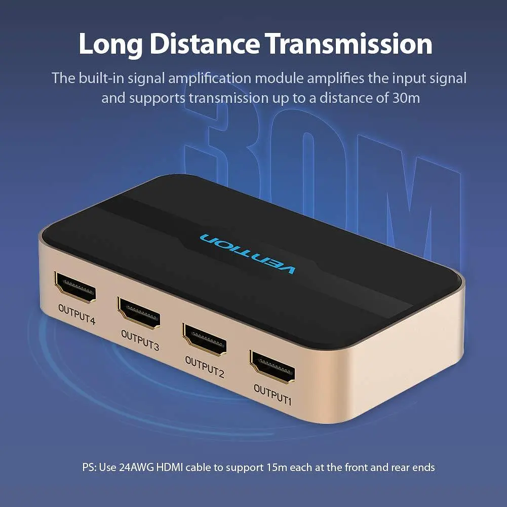 Сплітер Vention 1 In 4 Out HDMI Splitter 4K 30Hz Gold Aluminum Alloy Type EU Standard (ACCG0-EU) - фото 3
