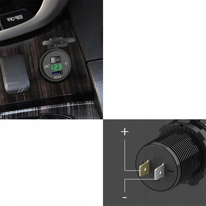 Гніздо Прикурювача під 1 USB Вольтметр DC 12-24V 5V підсвічування з різьбленням P10 Blue QC 3.0 (Вимикач) - фото 7