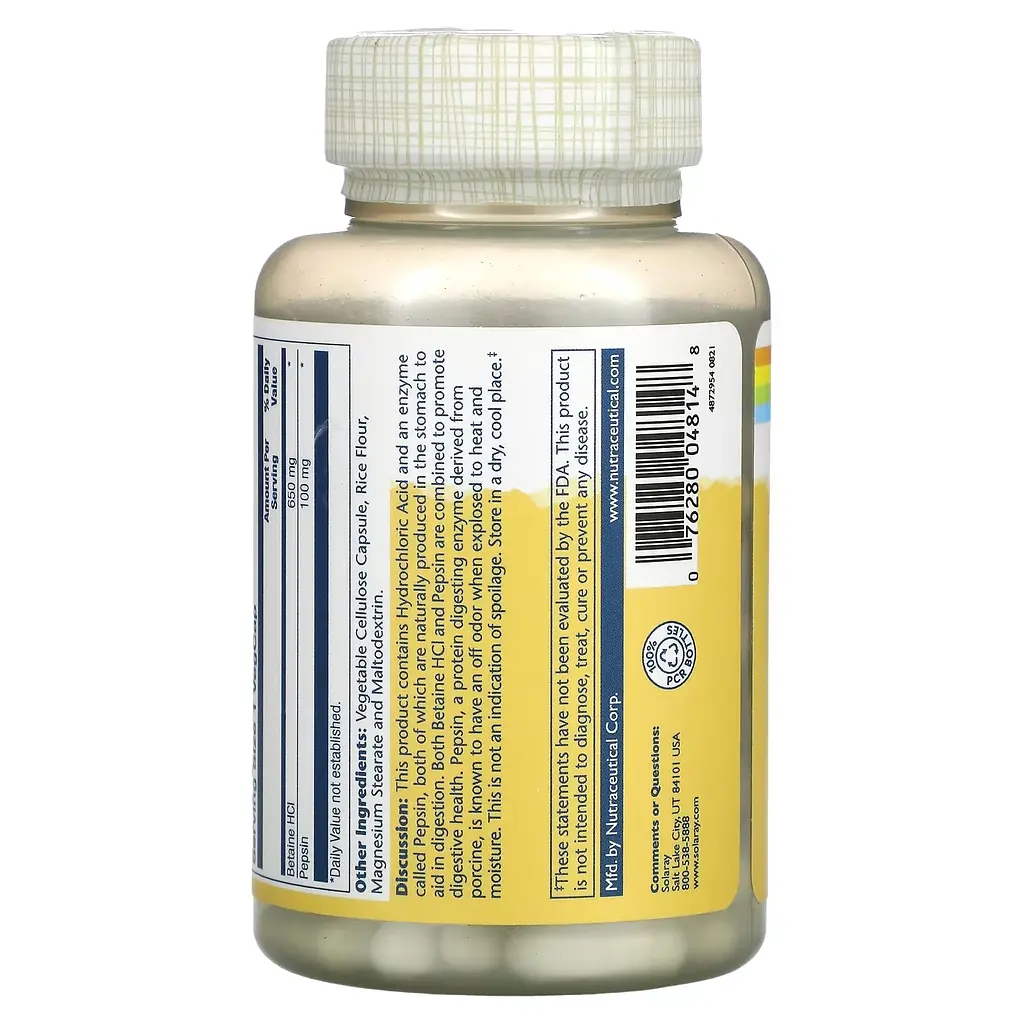 Бетаина гидрохлорид и пепсин Solaray Betaine HCl With Pepsin 650 мг 100 вегетарианских капсул - фото 2