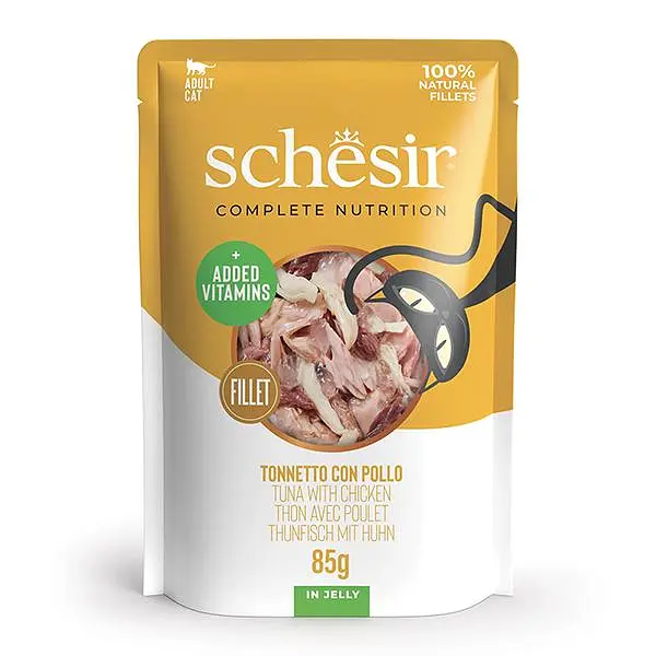 Вологий корм для котів Schesir Tuna and Chicken Шезір тунець з курячим філе в желе натуральні консерви пауч 85 г (171016)