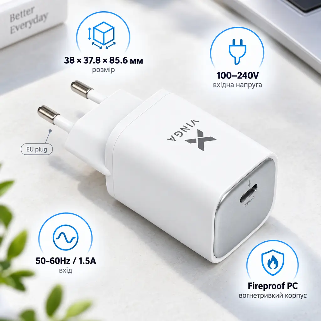 Зарядний пристрій Vinga USB-C PD PPS 45W (VCR45CB) - фото 2