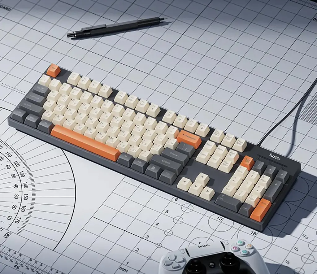 Клавіатура HOCO GM61 дротова мембранна Phantom (3-Color 104 клавіші), USB, (Ukrainian version), сіро-біла з помаранчевим - фото 7
