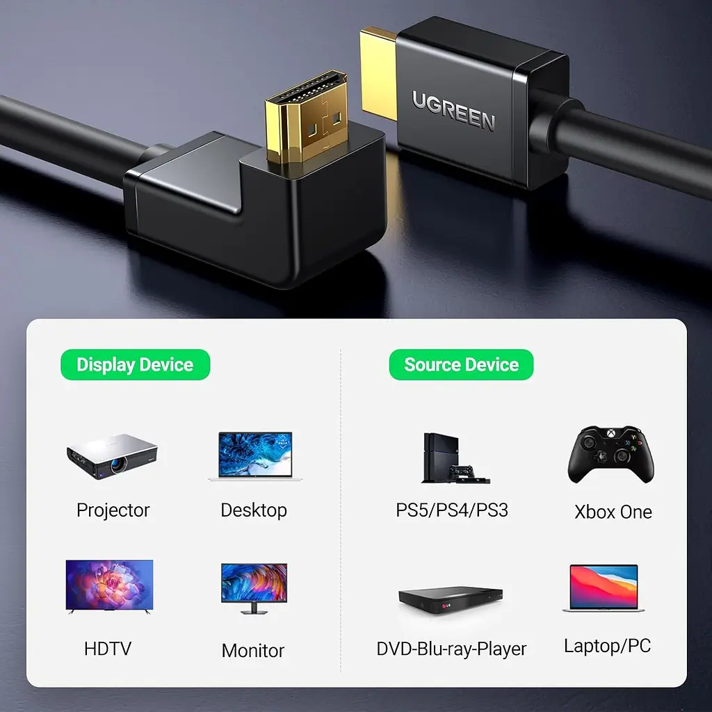 Кабель Ugreen HD103 HDMI to HDMI 90-Degree Right-Angle V2.0 1m Black (10172) [63384] - фото 12