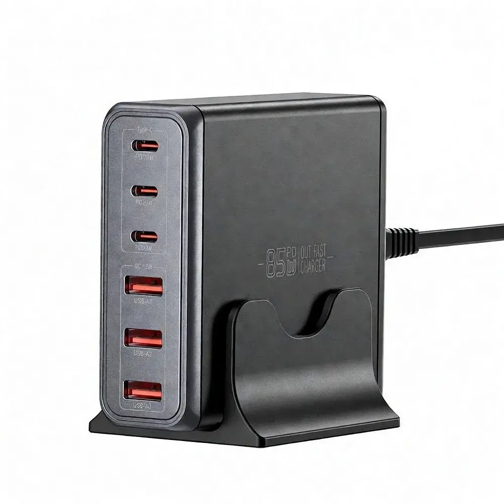 Зарядний пристрій Essager 3xUSB-C + 3xUSB-A 85W GaN black (EZC85W-SXB0G-Z) - фото 4