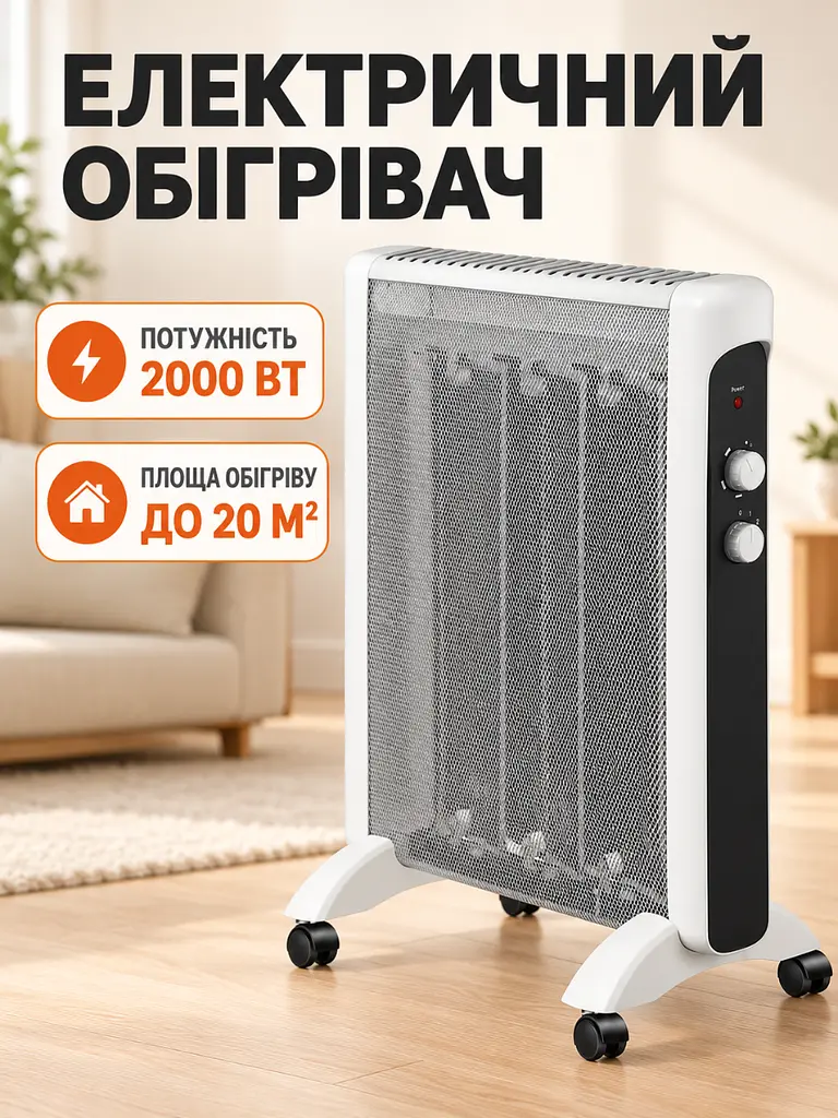 Електричний обігрівач 2000 Вт з терморегулятором підлоговий білий (37261157) - фото 2