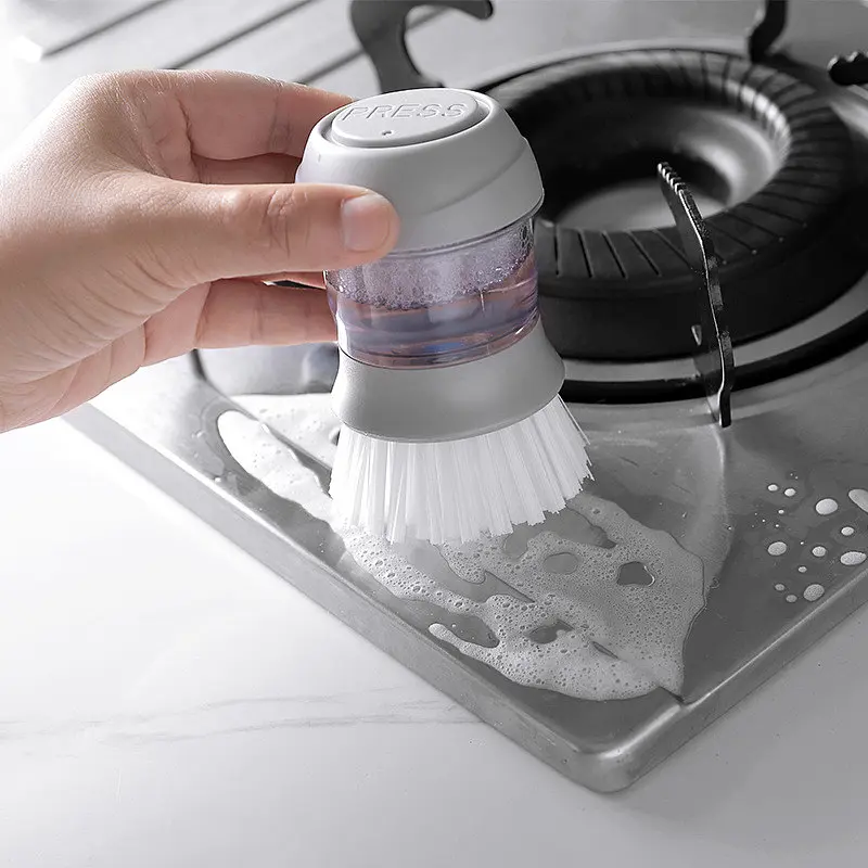 Щітка для посуду з дозатором для миючого засобу Cleaning Pot Brush з підставкою, Kitchen Master Сірий 85607 - фото 8