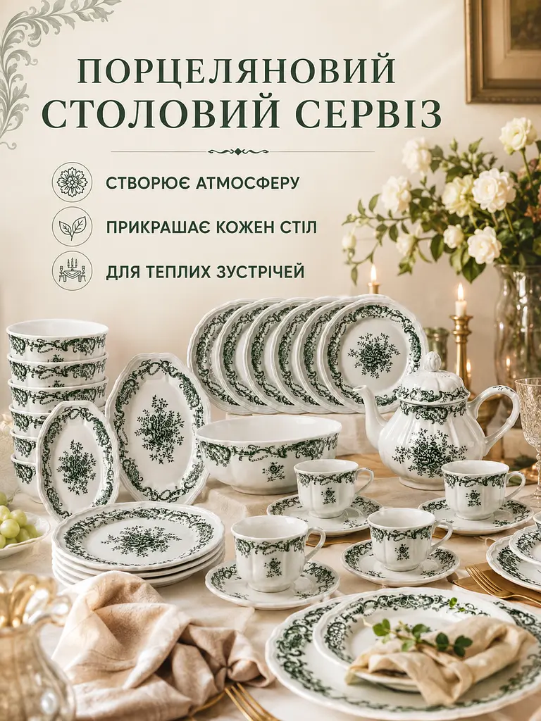 Столовий чайний сервіз із порцеляни біло-зелений на 6 персон, 34 предмети, чашки 350 мл (49676284) - фото 9