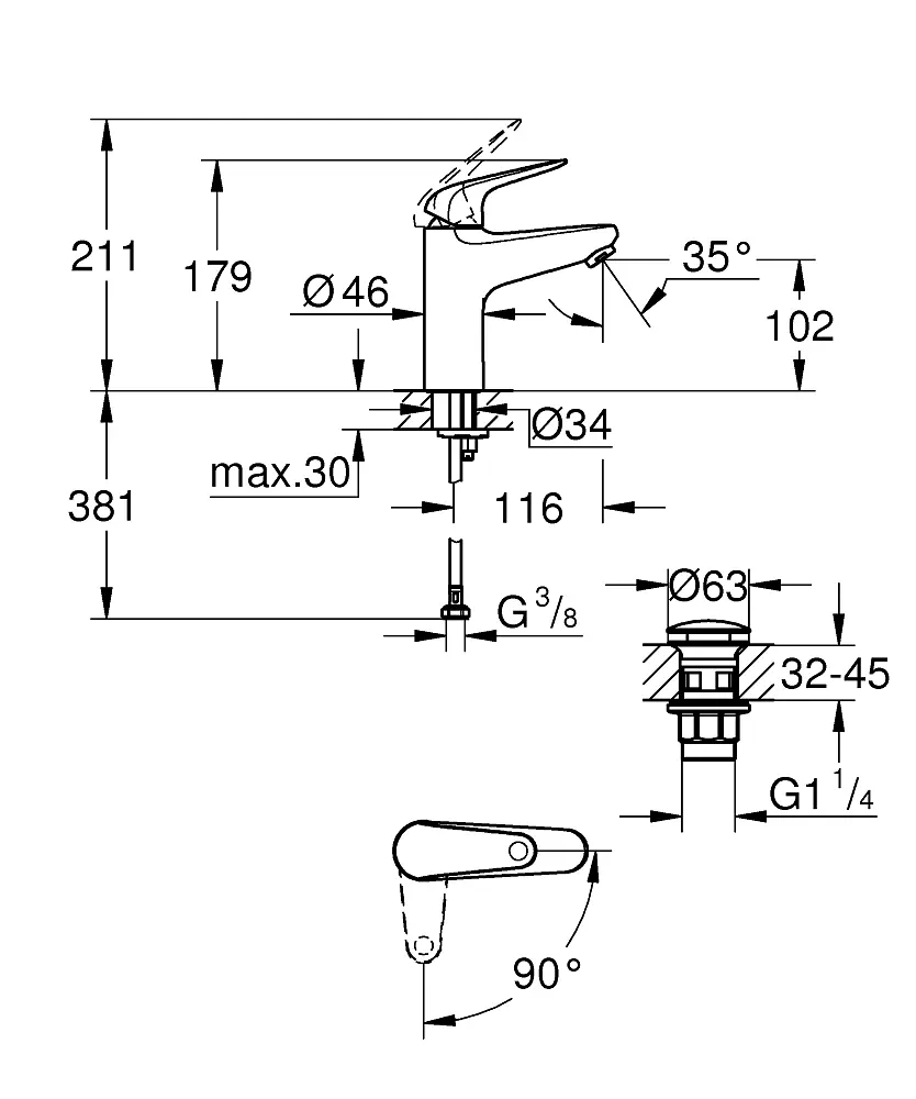 Змішувач для умивальника M-Size Grohe Euroeco 24269001 Хром - фото 7