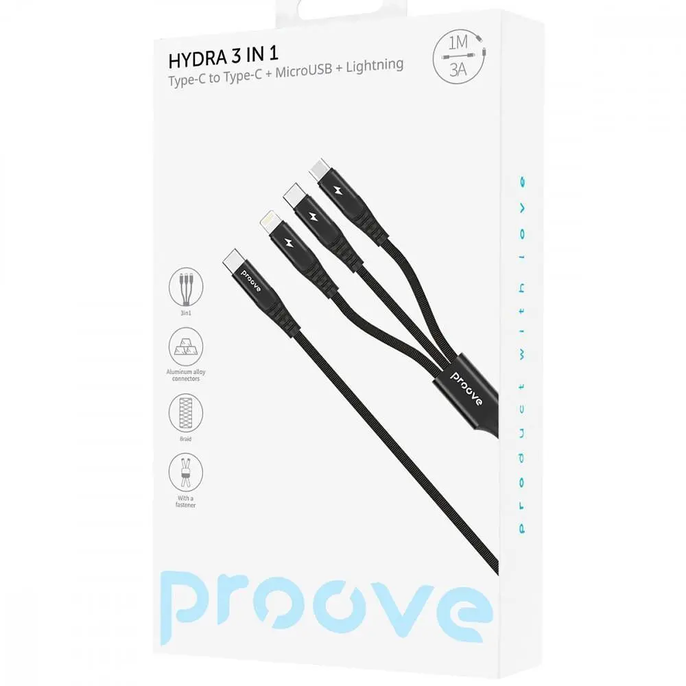 Кабель Proove Hydra 3 in1 Type-C + Micro USB + Lightning (1m) black (CCHY15012101) - фото 2