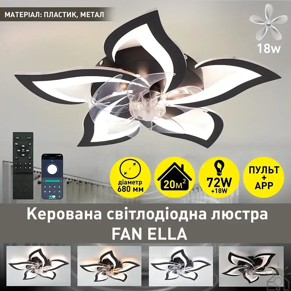 Смарт люстра з вентилятором керована світлодіодна FAN ELLA 72 Вт + 18 Вт 680x120 мм Чорна ESLLSE - фото 2