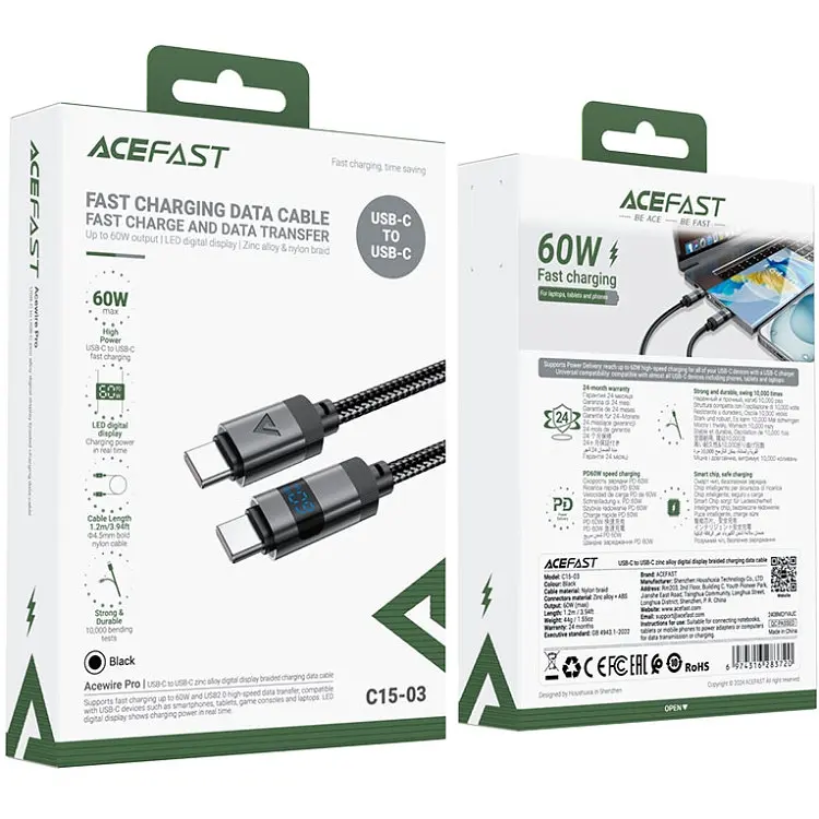 Кабель USB 2.0 Type-C M-M, 1.2 м 60W digital display Чорний, C15-03 Acefast - фото 4