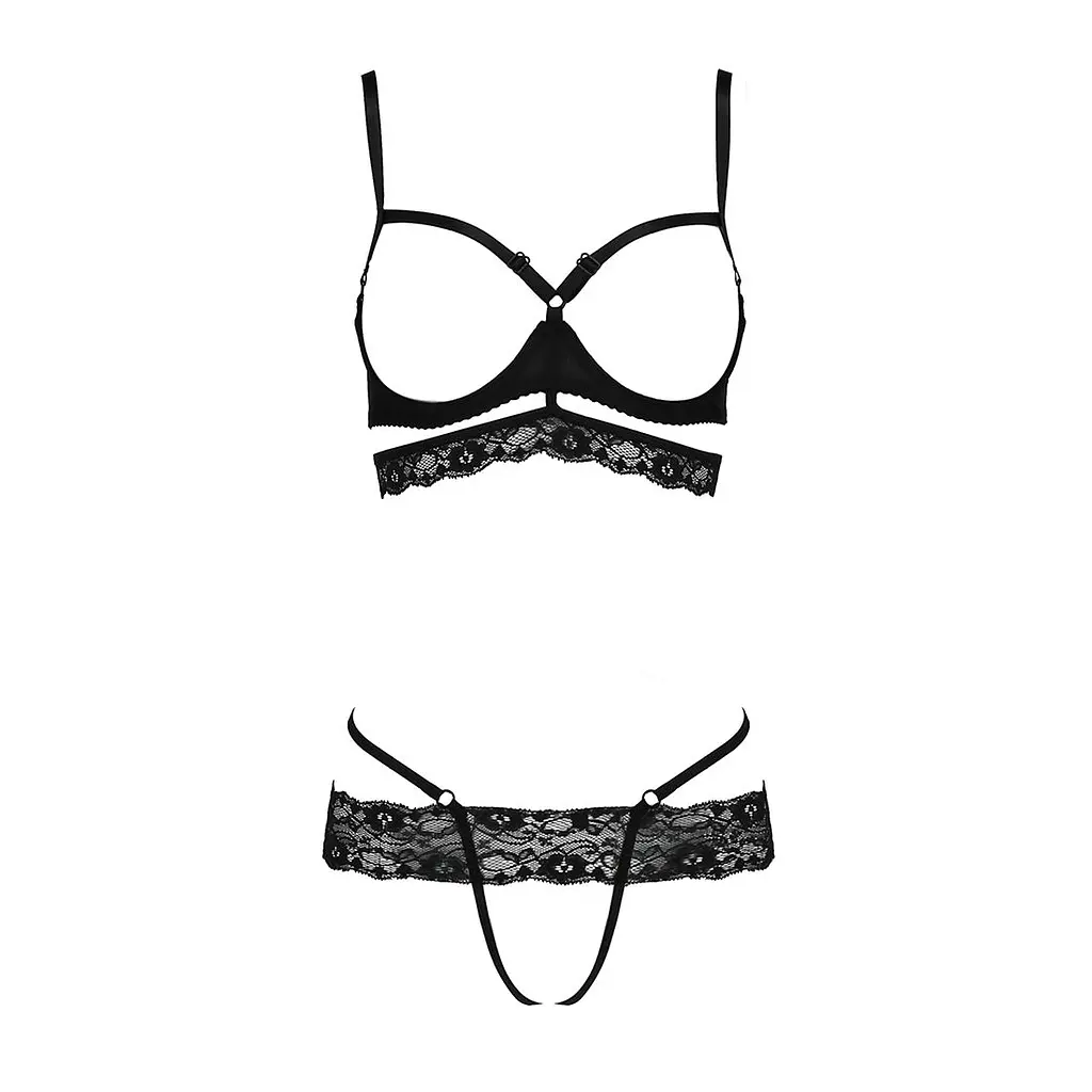 Комплект білизни Passion Exclusive SARIA SET OpenBra L/XL, black, стрепи, відкритий ліф, стрінги - фото 5