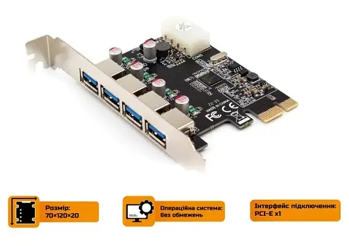 Плата розширення Frime PCI-E x 1, 4 xUSB 3.0, чіп NEC 720201, живлення Molex (ECF-PCIEtoUSB 015) - фото 2