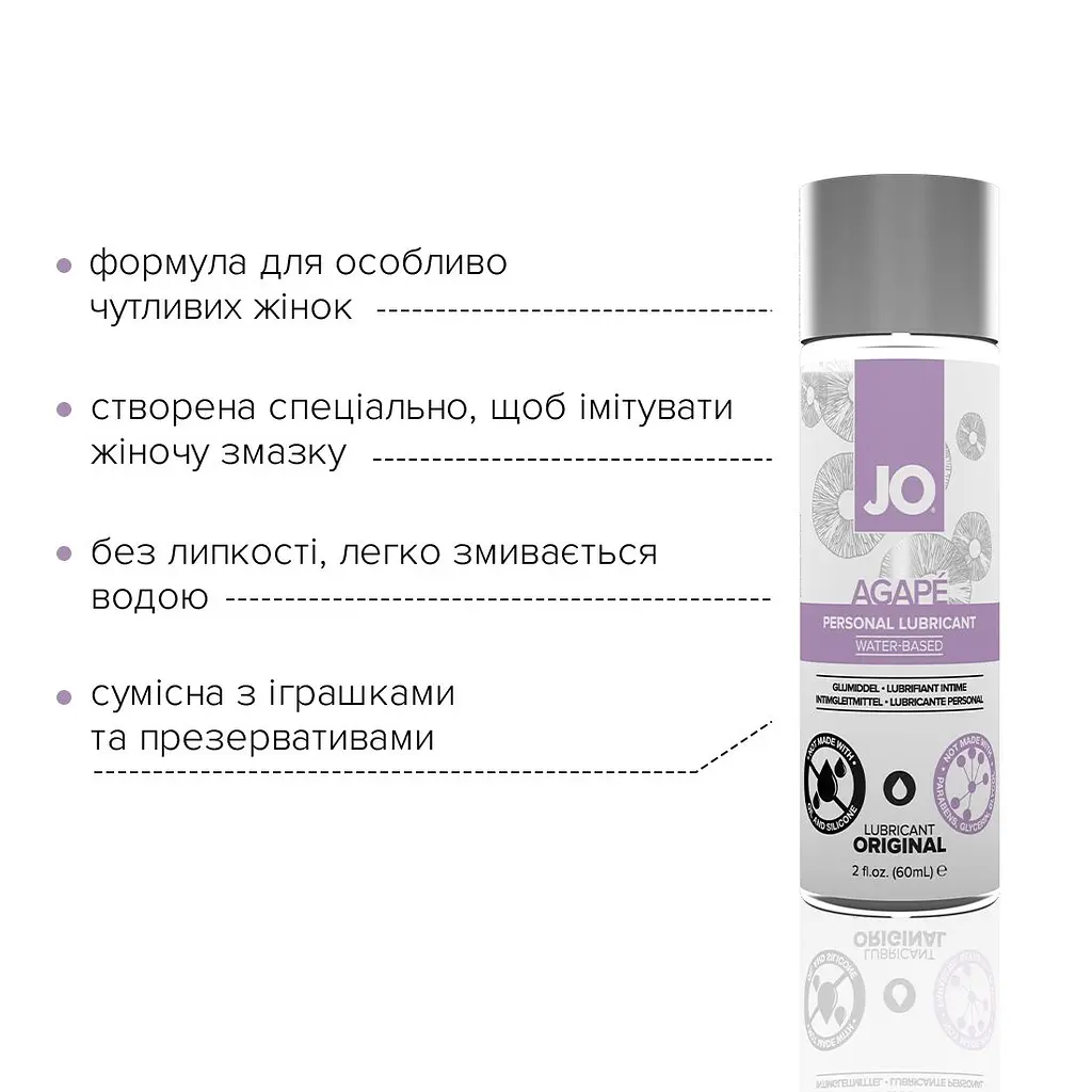 Змазка на водній основі JO AGAPE — ORIGINAL (60 мл) без гліцерину, гліколю та парабенів - фото 3