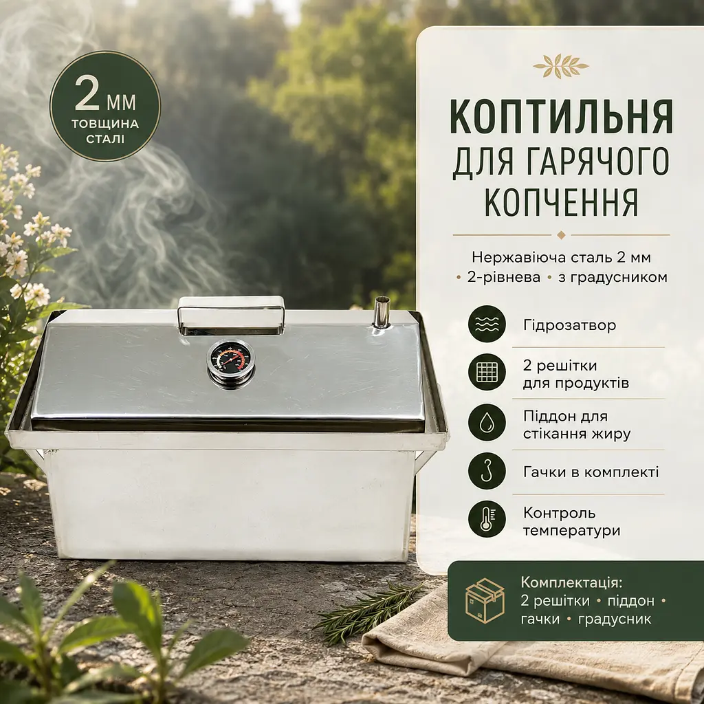 Коптильня гарячого копчення з нержавіючої сталі 2 мм з гідрозатвором і градусником 53х33х40 см - фото 2