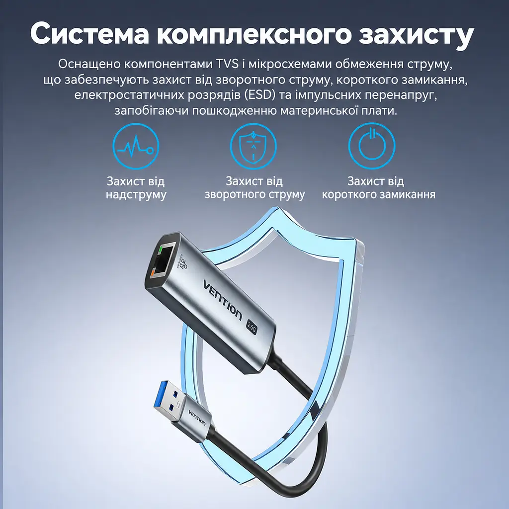 Ethernet-адаптер Vention зовнішня мережева карта USB-A на RJ45 до 2,5 Гбіт/с для швидкості понад 1 Гбіт/с потрібен кабель Cat6 або вище без налаштування у Windows 11 та macOS із захистом від короткого замикання та перенапруги алюмінієвий корпус для відведення тепла вбудований кабель 0,15 м сірий (CFSHB) - фото 6