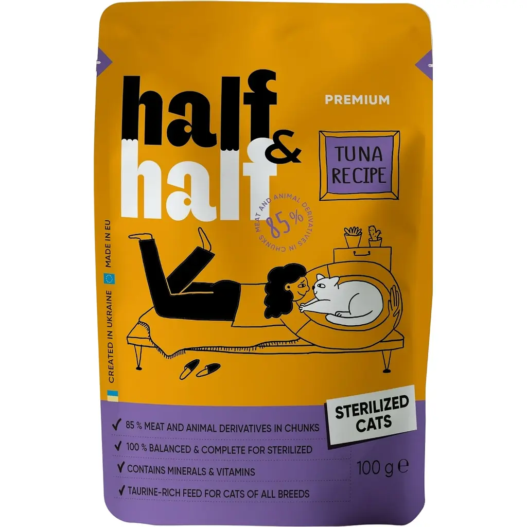 Набір вологих кормів для стерилізованих котів Half & Half шматочки з тунцем у соусі 600 г (6 шт. х 100 г) - фото 3