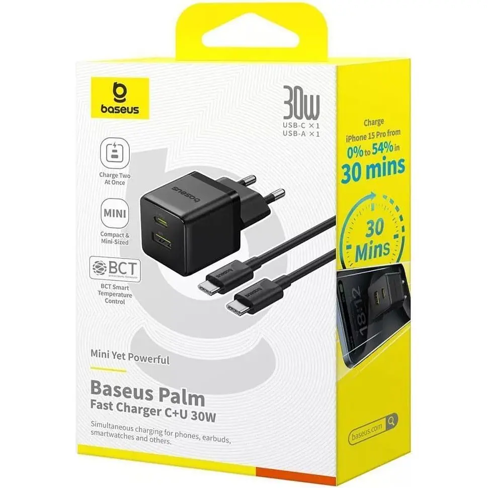 Мережевий зарядний пристрій Baseus Palm Fast Charger USB-A/USB-C 30W + Cable USB-C to USB-C 60W 1m Black (P1011160A113-01) [168072] - фото 4