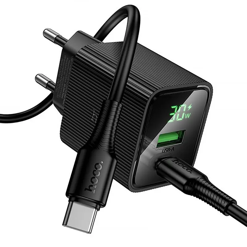 Мережевний зарядний пристрій Hoco CS84A Excellent with digital display PD30W+QC3.0 1USB-A/1C + кабель Type-C to Type-C Black - фото 3