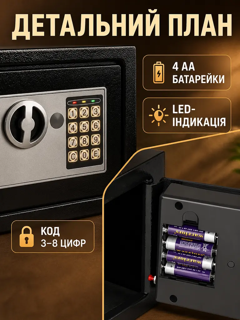Сейф меблевий електронний з кодовим та ключовим замком 22x17x16, 5 см, чорний (4986955346) - фото 7