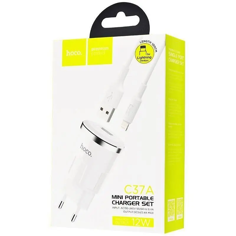 Мережевий зарядний пристрій 1USB Hoco C37A 2.4A White + USB Cable iPhone 8 - фото 3