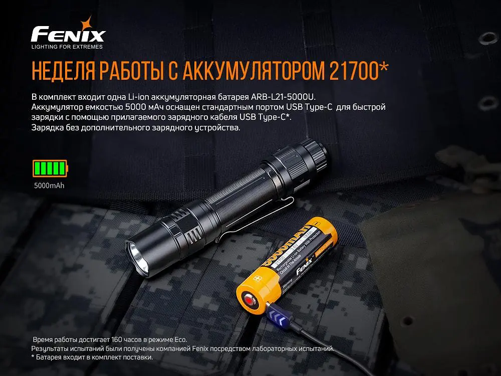Ручной фонарик Fenix PD36TAC 3000лм 21700 (Черный) - фото 6