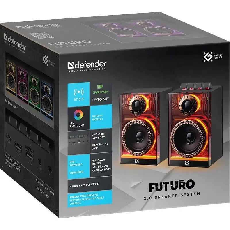 Акустична система 2.0 Defender Futuro, 20Вт Bluetooth/USB/TF/AUX, LED, чорна - фото 8