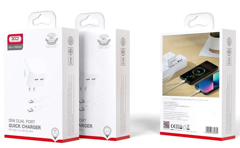 Сітчастий зарядний пристрій XO L102 double USB-C QC&PD3.0 35W 3A with Lightning-Type-C cable Білий - фото 2