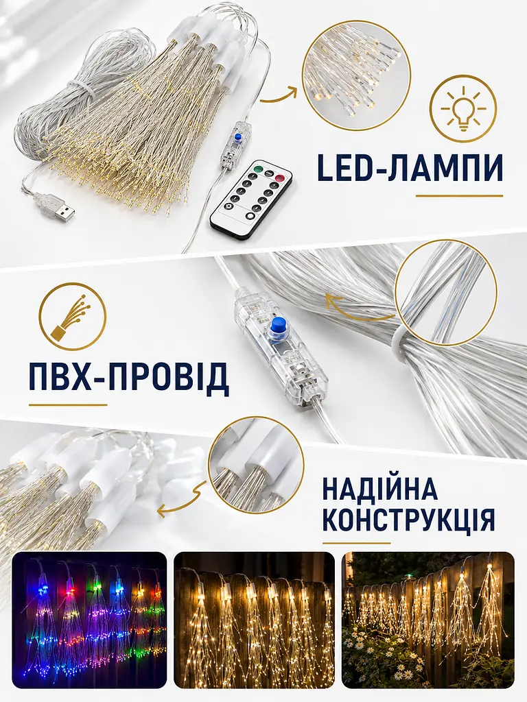 Гірлянда LED 10 м теплий білий і мультиколір мікс на USB IP44 (49675988) - фото 6