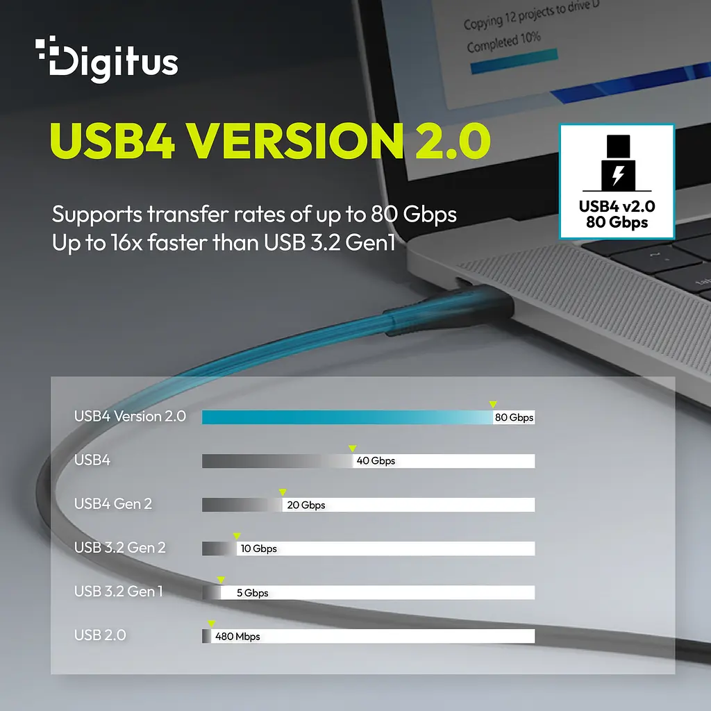 Кабель Digitus USB-C > USB-C заряджання/синхронізації, USB4 2.0, 80G, 240W, 16K, силіконовий, 1м, чорний - фото 7