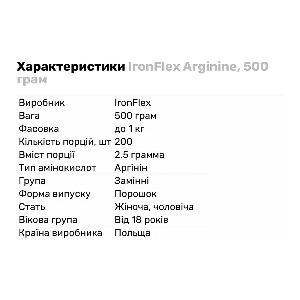 Амінокислота IronFlex Arginine, 500 грам - Без смаку - фото 2