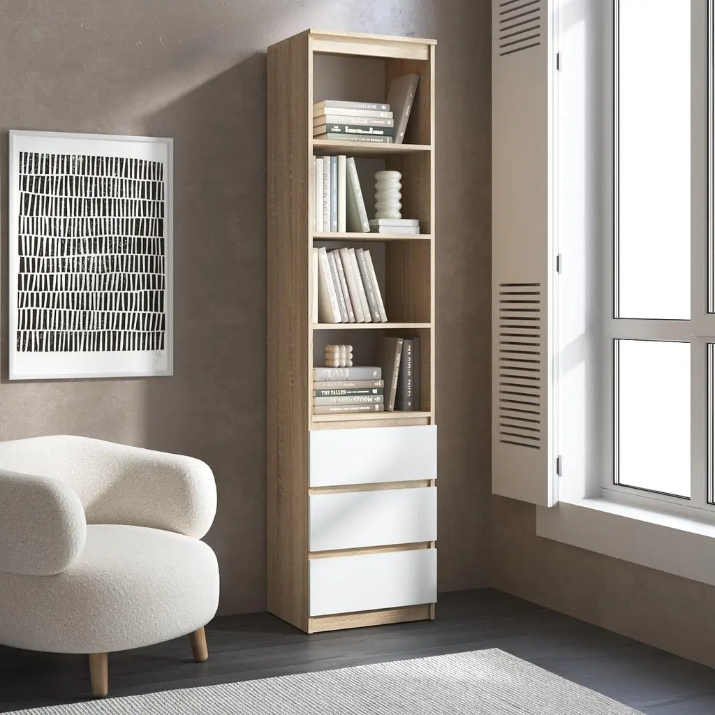 Пенал для книг Vays R-25, з відкритими полицями та шухлядами, без ручок, ЛДСП, 50×40×211 см - для вітальні, спальні, офісу - фото 4