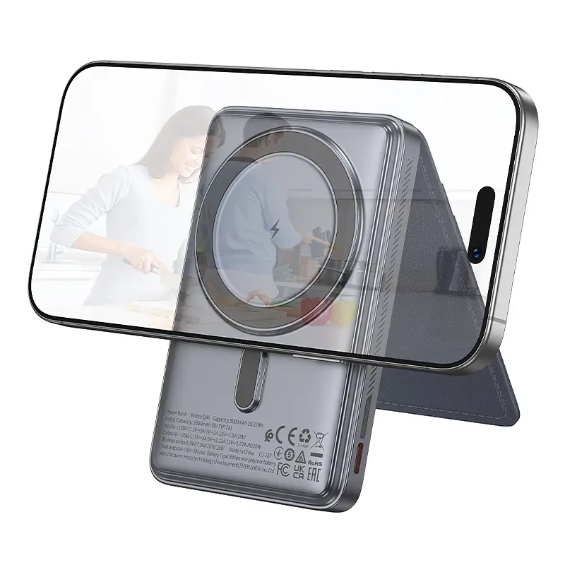Зовнішній акумулятор HOCO Q46 Title PD20W magnetic power bank+card holder+phone holder(5000mAh) Silver Gray (6942007663106) - фото 4