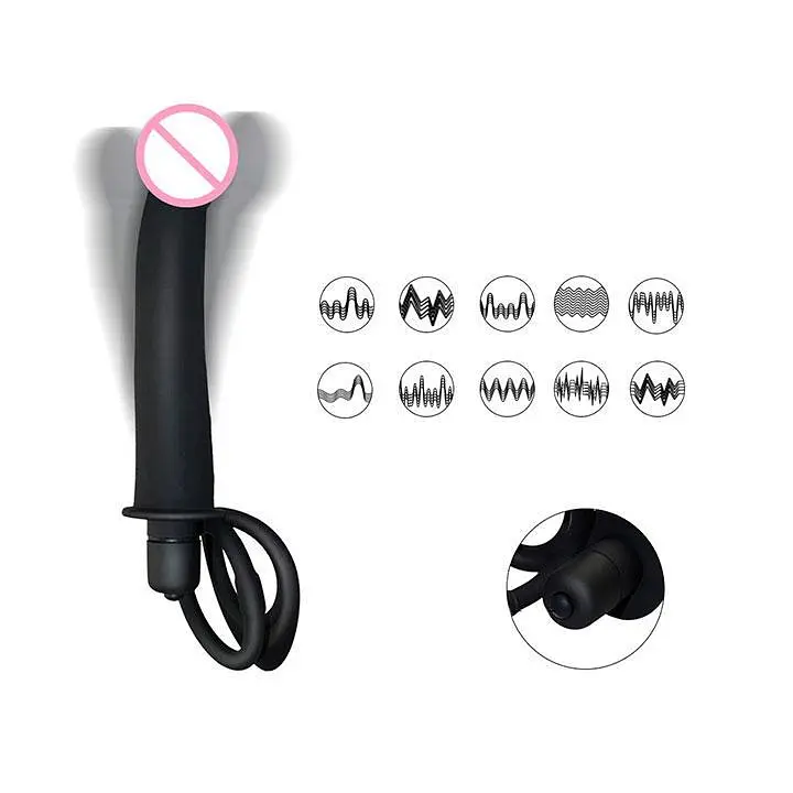 Чорне ерекційне кільце з вібрацією і фалоімітатором для подвійного проникнення - Анальні іграшки - фото 5