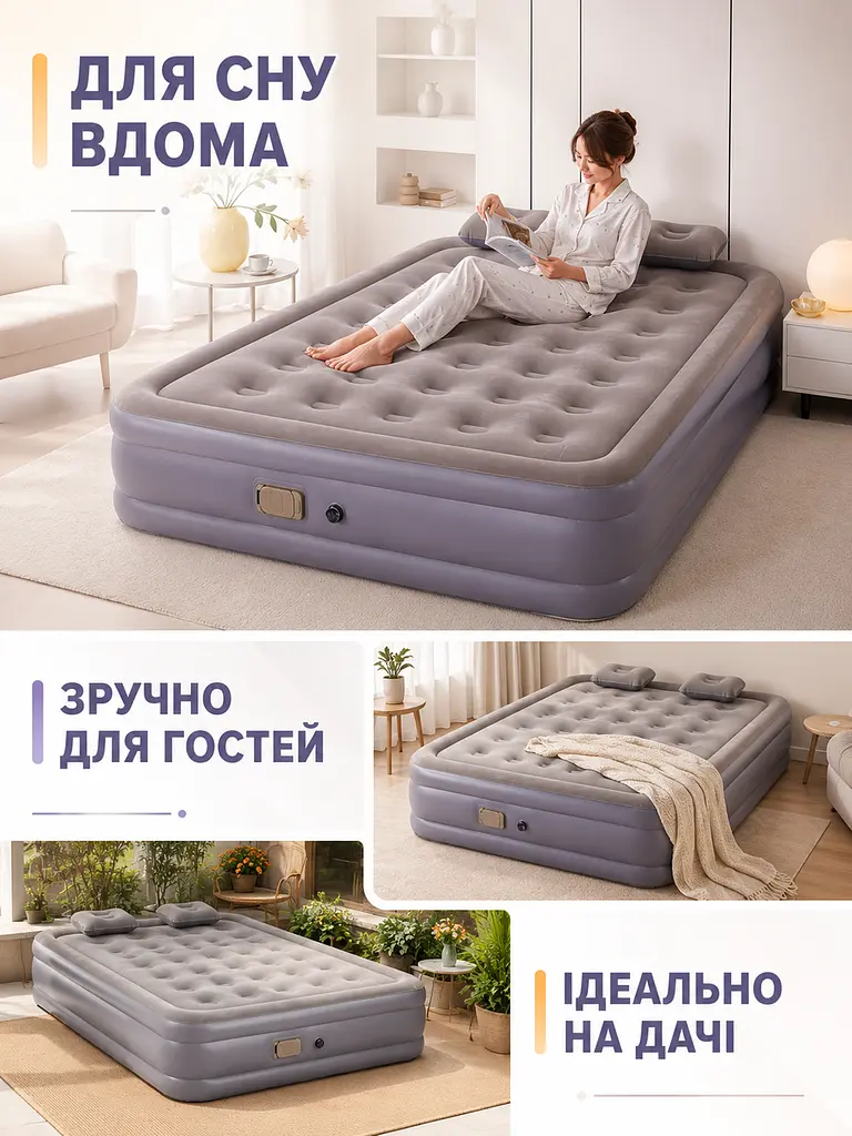 Надувний двоспальний матрац-ліжко 200×150×40 см із вбудованим електричним насосом і 2 подушками сірий (49676097) - фото 4