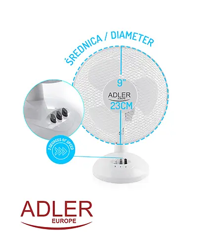 Настільний вентилятор Adler AD 7302, 23 см, 45 Вт, поворотний, 2 швидкості, регулювання нахилу, компактний вентилятор для дому та - фото 6