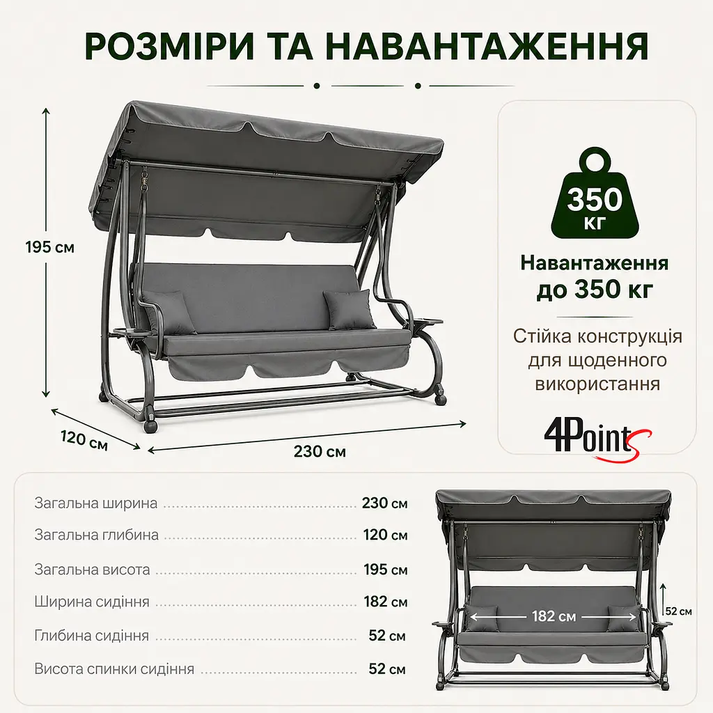 Садова гойдалка 230см до 350кг 4P Garden Comfort чотиримісна, розкладна, з подушками та підстаканниками - фото 7