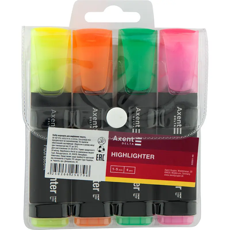 Набір текстових маркерів Axent Delta Highlighter клиноподібних 1-5 мм 4 шт. (D2501-40)