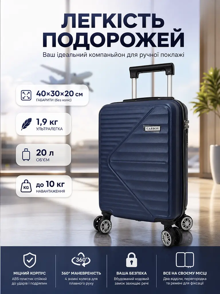 Валіза Carbon 66101 маленька для ручної поклажі міні XS 40x30x20 см ABS-пластик Темно-синій - фото 3