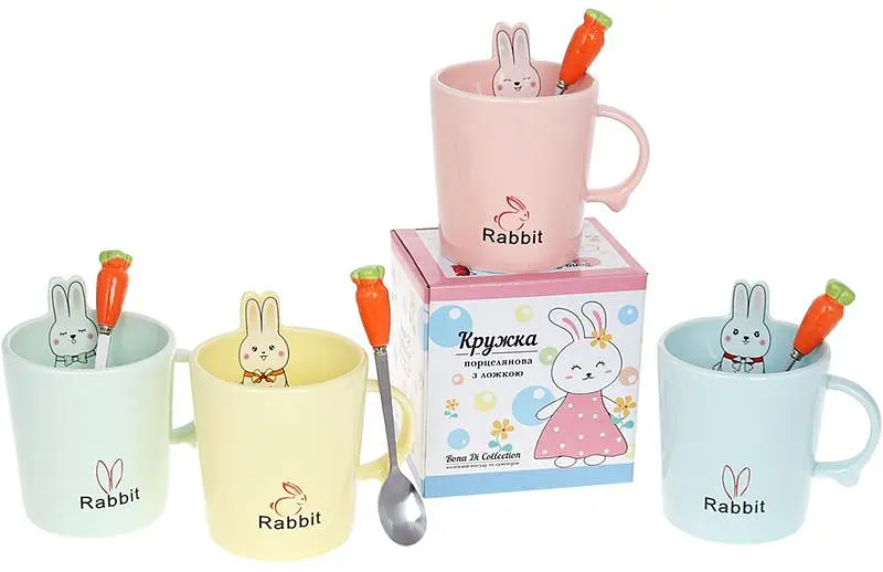 Кружка фарфорова "Rabbit" з кришкою та ложкою Bona Ø9 см kuh0009763 - фото 4