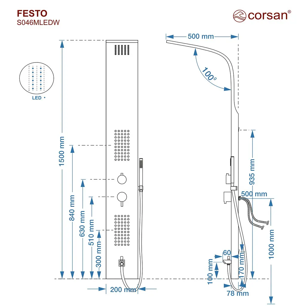Душова панель Corsan Festo black LED з виливом S046MBLLEDW, Чорний матовий - фото 4