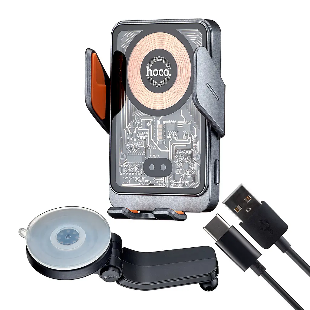 Холдер Hoco HW8 Transparent Discovery Edition wireless fast charg car holder console Темно-сірий - фото 3