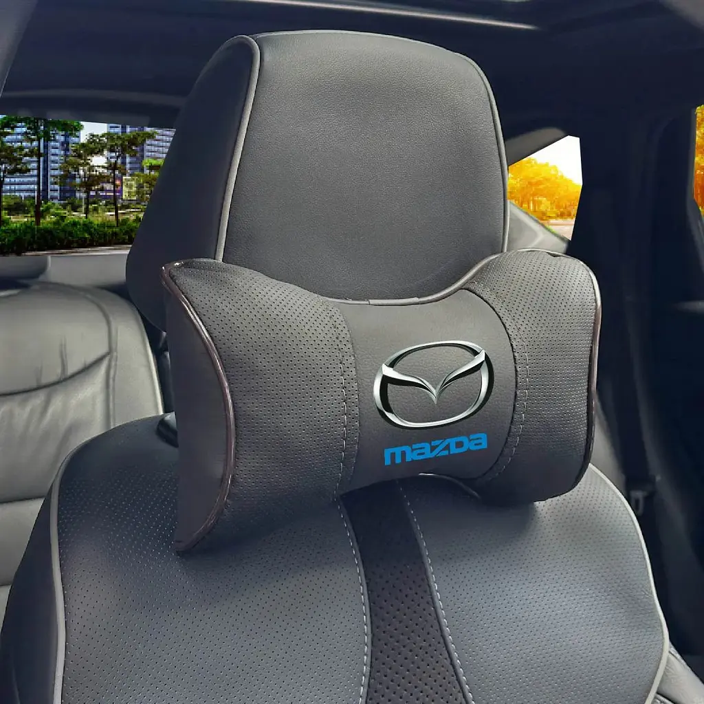 Подушка на підголівник з логотипом Mazda Екошкіра 3D Кольоровий лого Чорна-Коричневий кант 1 шт