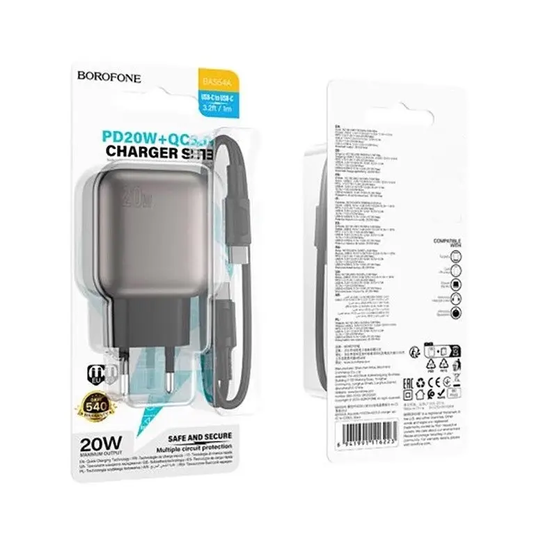 Мережевий зарядний пристрій Borofone BAS54A Absolute PD20W+QC3. 0 charger (EU) чорний - фото 2