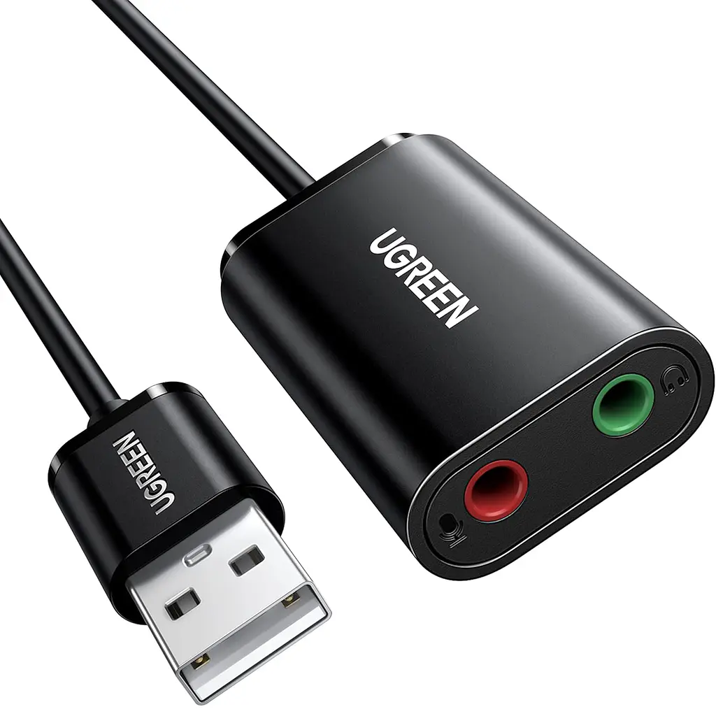 Зовнішня звукова карта UGREEN US205 аудіоадаптер з підключенням через USB-A зі стереовиходом 3,5 мм для навушників і окремим входом 3,5 мм чорна (30724)