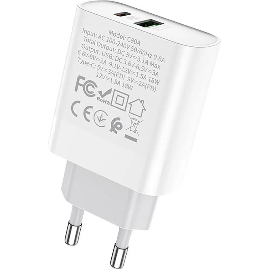 Мережевий зарядний пристрій Hoco C80A Plus USB-A/USB-C 20W White (779885) [124885] - фото 4