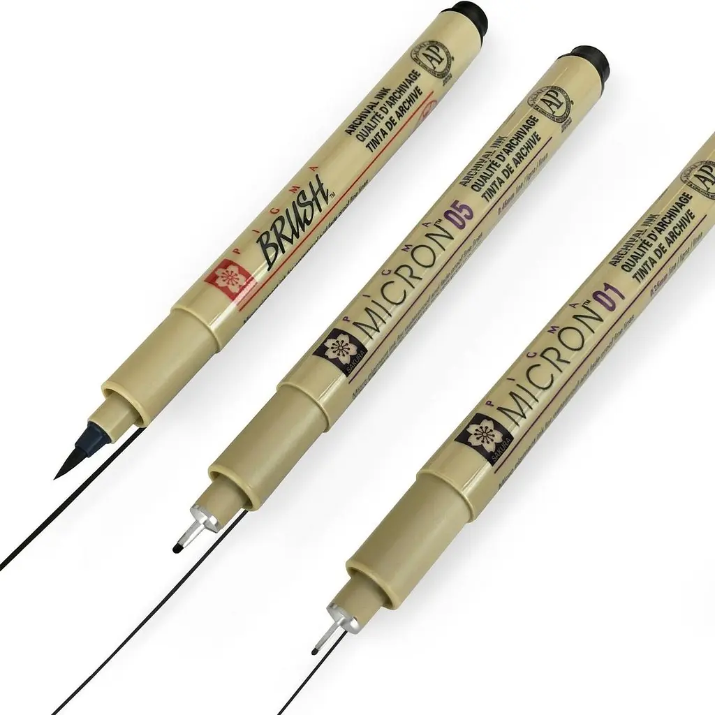 Набір лінерів Pigma Micron 2 шт (0.1/0.5) +1 лінер-пензель Pigma Brush в подарунок Чорний Sakura - фото 3