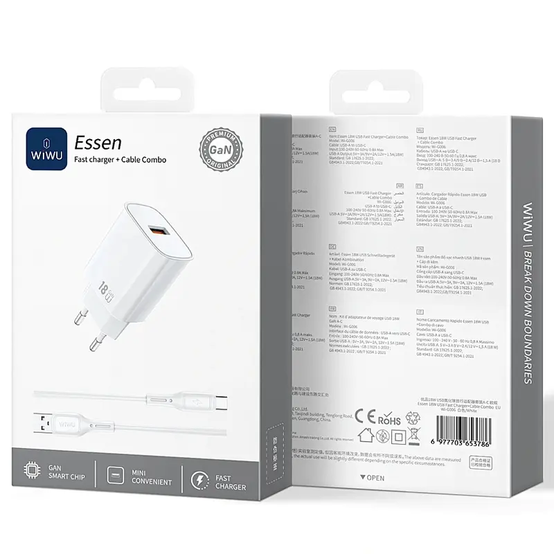 Мережевний зарядний пристрій WIWU G006 Essen QC3.0 18W GaN 1USB-A + кабель USB to Type-C White - фото 2