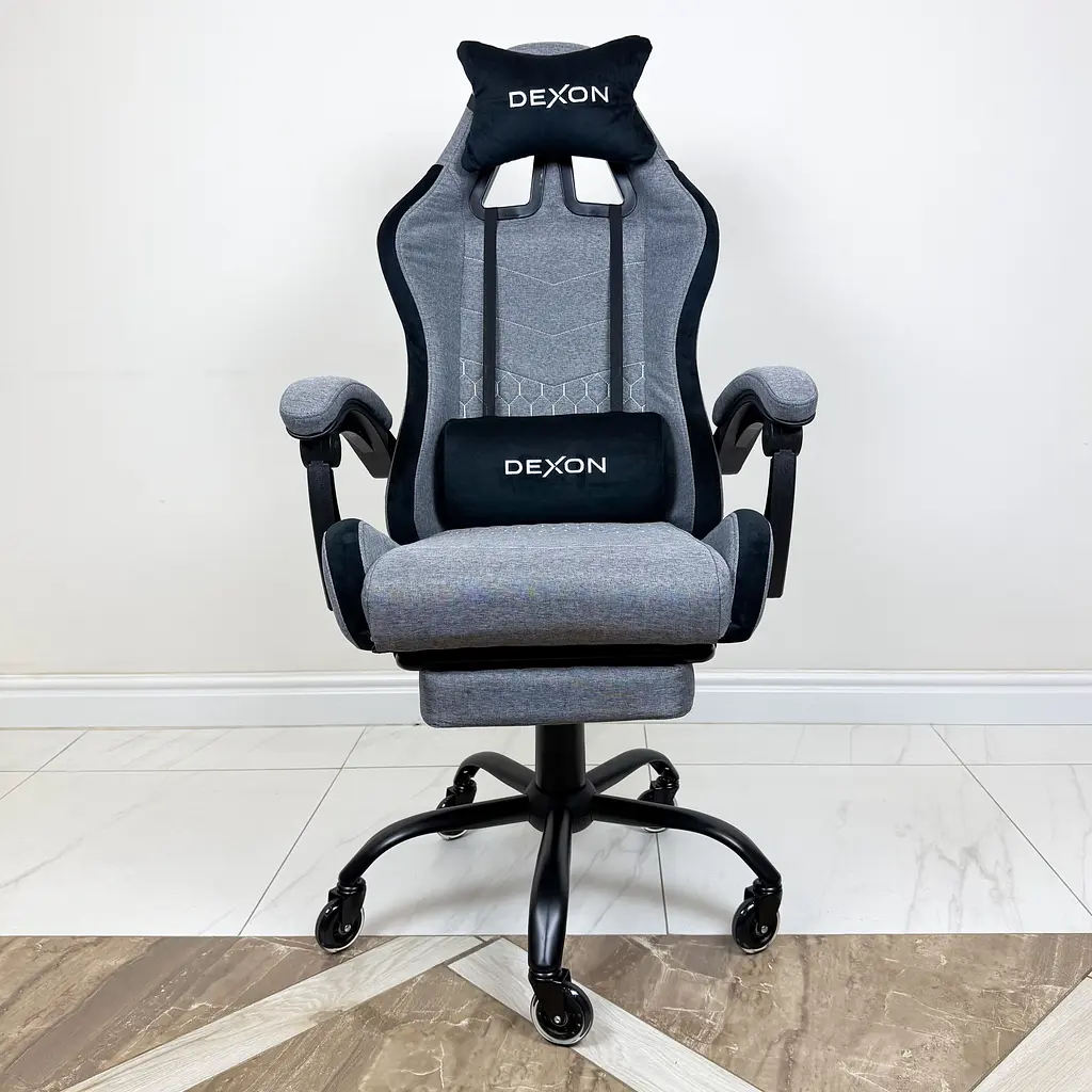 Геймерське крісло DEXON ORION X з підставкою для ніг, з тканини+подушки велюр, металева хрестовина, Темно-Сірий - фото 3